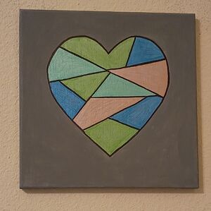 Handmade Handpainted Geometric Metallic Abstract Heart On Stretched Canvas 10x10